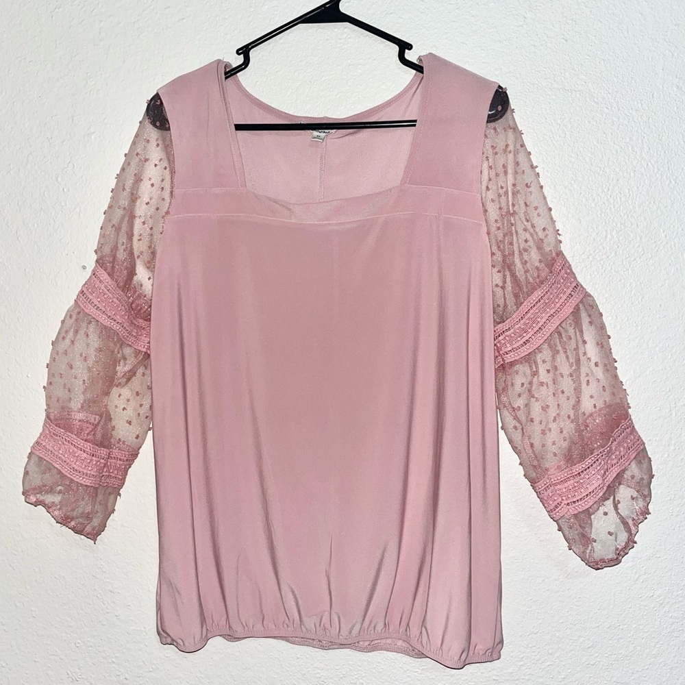 Corvia Blouse Shirt Girls Size XL Pink Long Sheer Lace Sleeves EUC